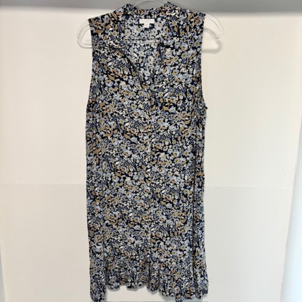 J Jill Dress Navy Floral V Neck Button Sleeveless Dress Petite L Garden Casual